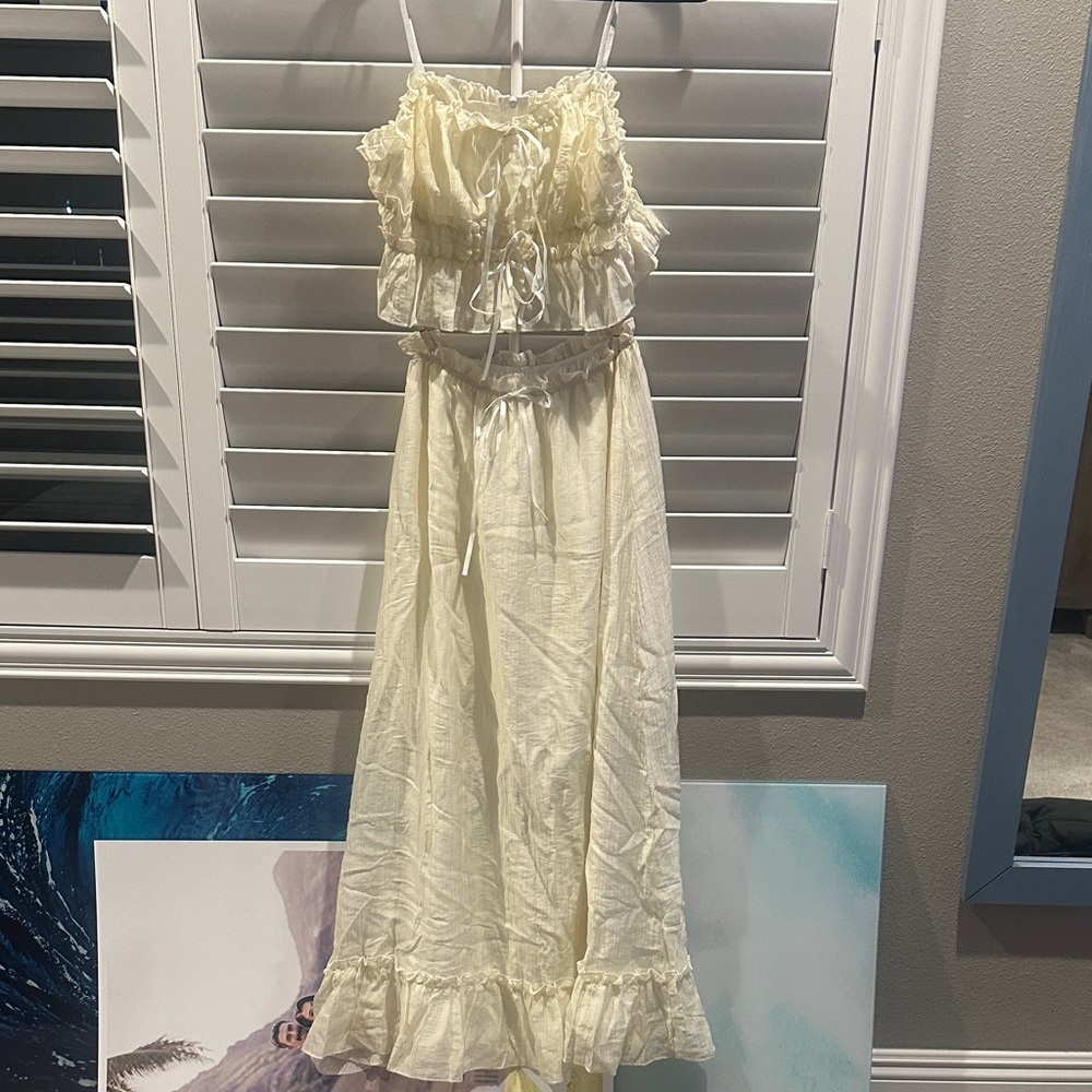 Elegant Cream two piece set top with skirt  with Ruffle Details